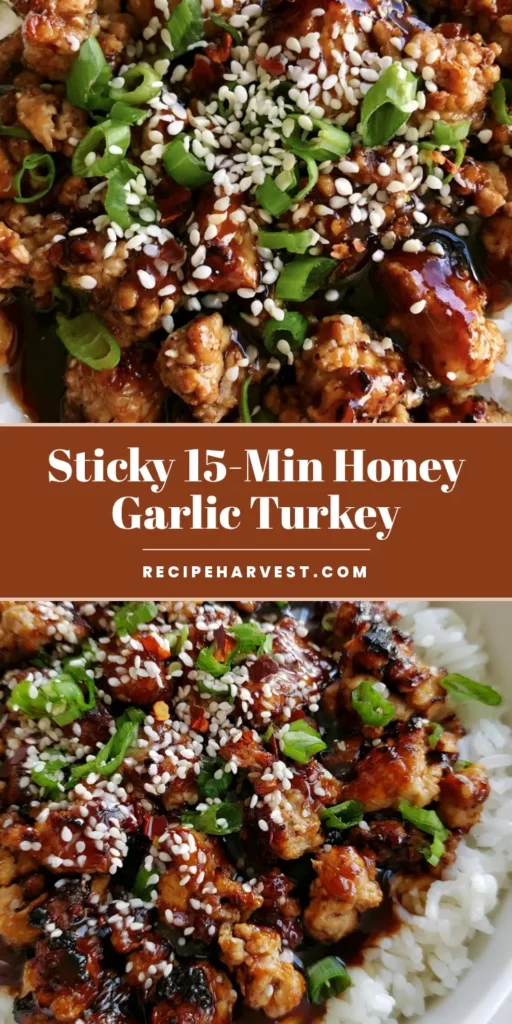 Honey Garlic Ground Turkey: The Ultimate 15-Minute Sticky Glazed Dinner 4 A close-up shot of a white bowl with Honey Garlic Ground Turkey over white rice, garnished with sesame seeds and green onions.