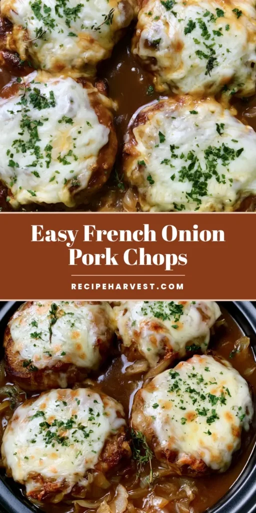 A close up of French Onion Pork Chops in a black dish with thick gravy, melted bubbly cheese, and fresh thyme sprigs.