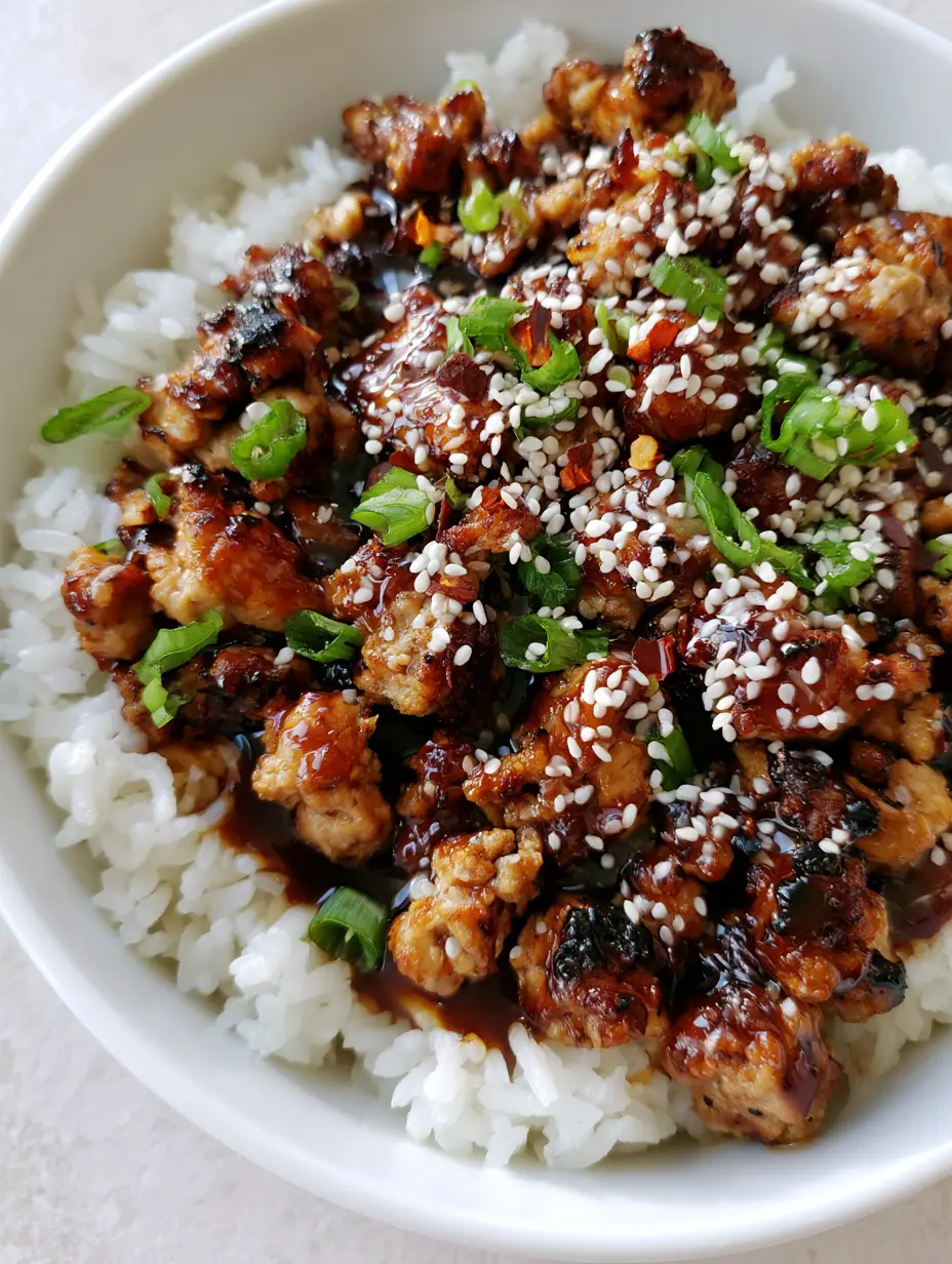Honey Garlic Ground Turkey: The Ultimate 15-Minute Sticky Glazed Dinner 3 Close up of caramelized Honey Garlic Ground Turkey crumbles in a glossy dark amber sauce.