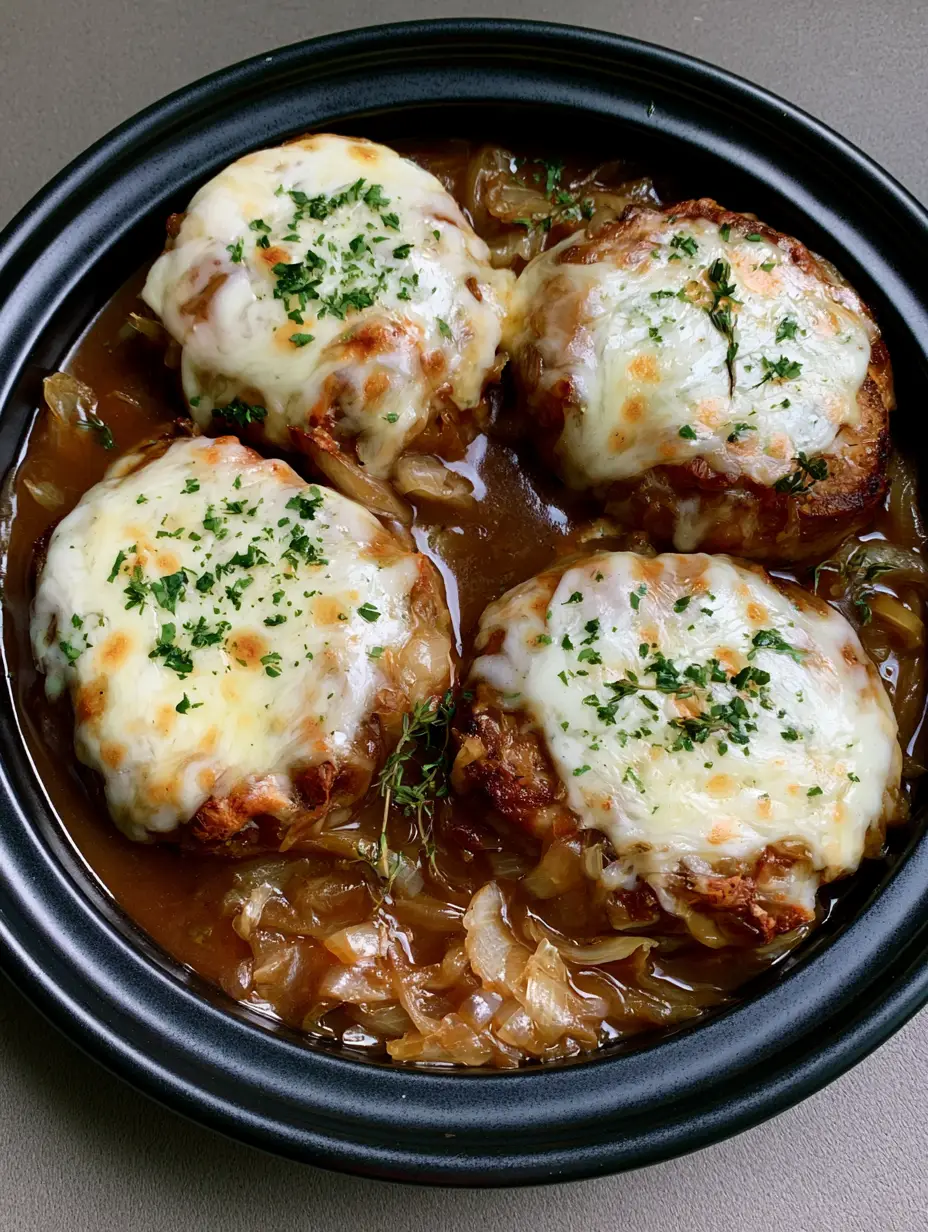 Four seared boneless pork chops submerged in caramelized onion gravy with melted toasted cheese in a black ceramic dish. (French Onion Pork Chops)