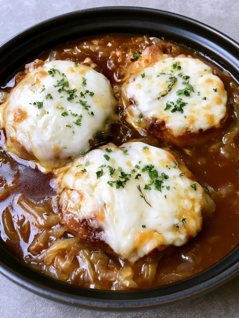 Overhead view of French Onion Pork Chops showing the thick melted mozzarella and swiss layer with fresh parsley garnish.