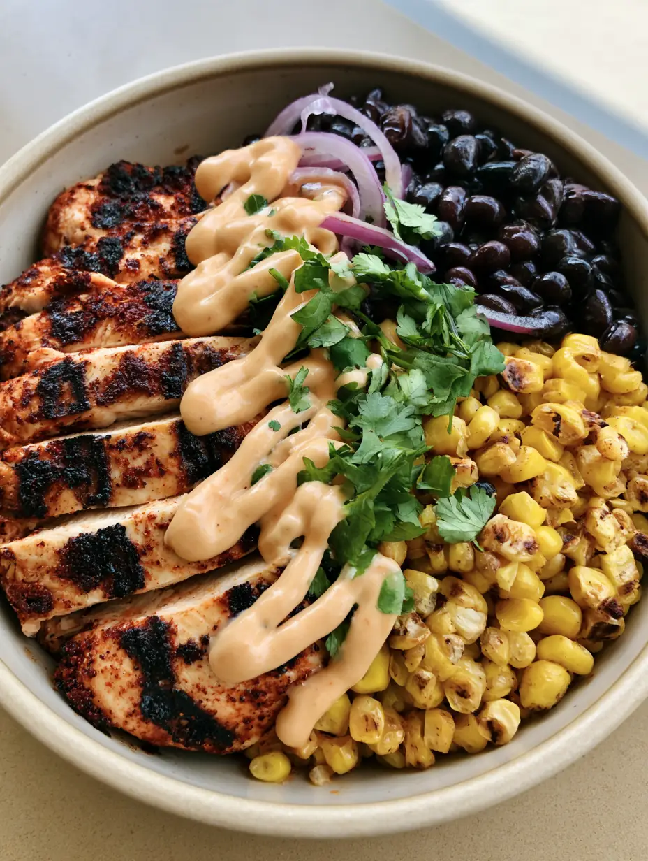 Close up of a Chipotle Chicken Bowl with thick slices of seared chicken and glossy black beans in a ceramic bowl.