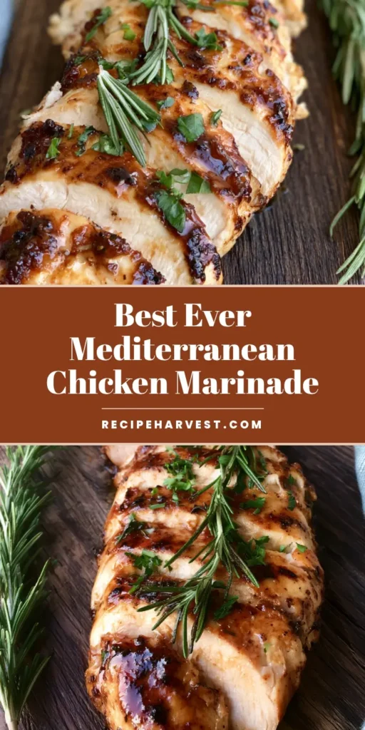 Mediterranean Chicken Marinade for Juicy, Sliced Seared Chicken 3 A top-down view of sliced Mediterranean Chicken Marinade breasts on a dark wood board with rosemary needles and parsley garnish.