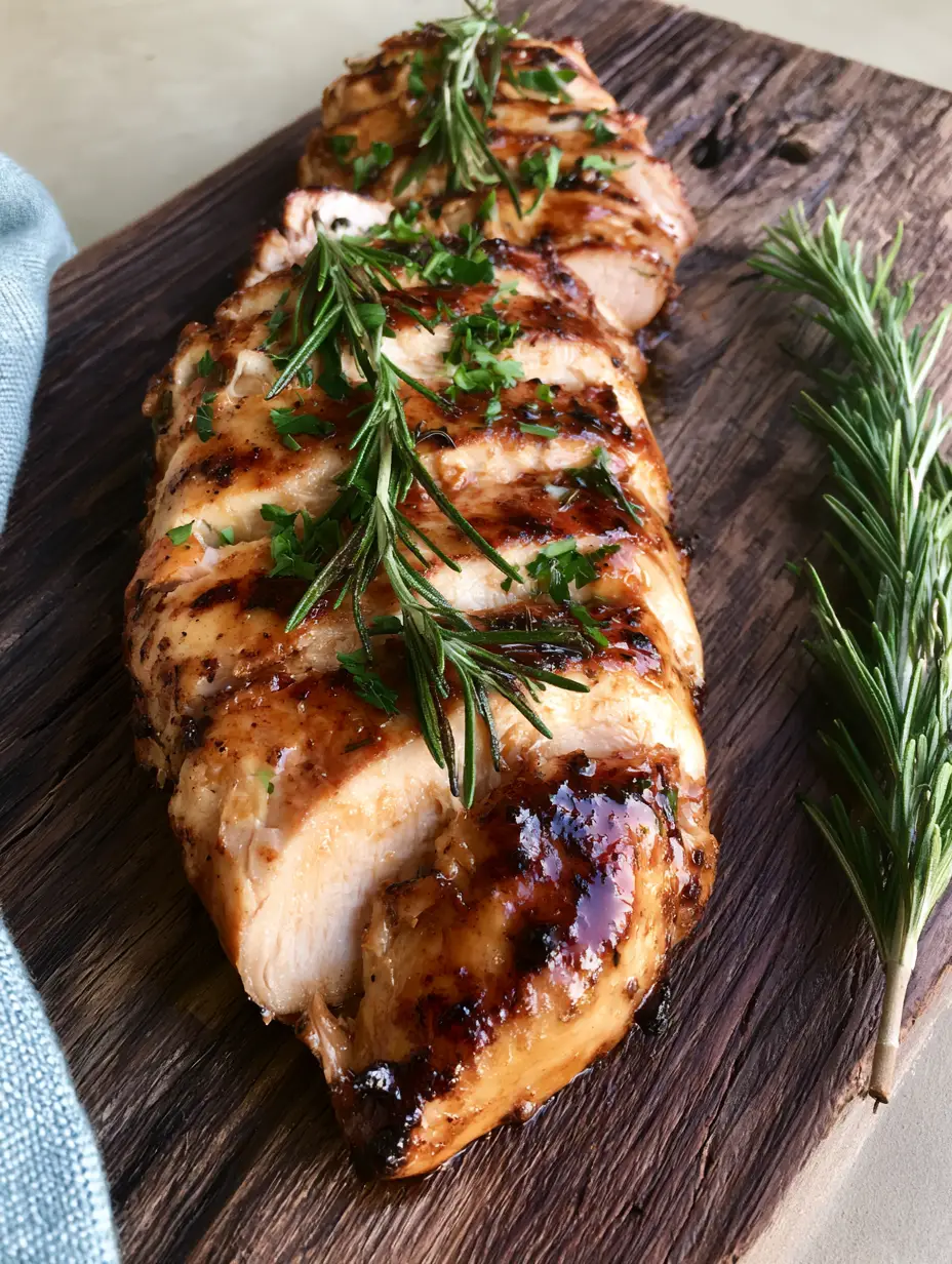 Mediterranean Chicken Marinade for Juicy, Sliced Seared Chicken 4 Close-up handheld photo of sliced seared chicken breast with a glistening oil glaze and rosemary needles. (Mediterranean Chicken Marinade)