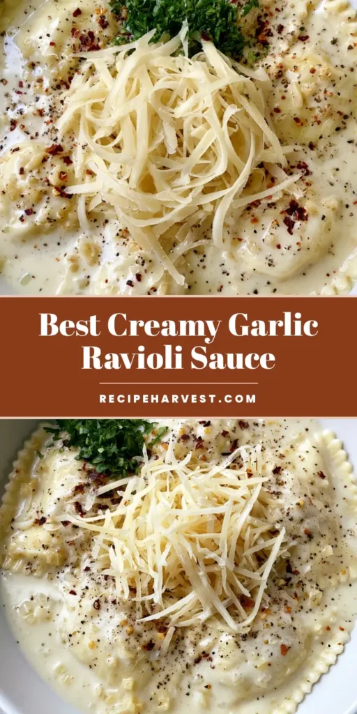 Garlic Parmesan Ravioli Sauce: A Silky, 15-Minute Cream Sauce 4 A top-down view of a shallow white stoneware bowl featuring six large cheese-stuffed ravioli smothered in a glossy Garlic Parmesan Ravioli Sauce, topped with shaved parmesan, chili flakes, and parsley.