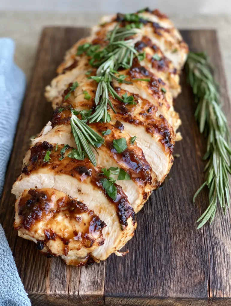 Mediterranean Chicken Marinade for Juicy, Sliced Seared Chicken 1 Sliced chicken marinated in Mediterranean Chicken Marinade sitting on a dark wood board with a light blue cloth in the background.