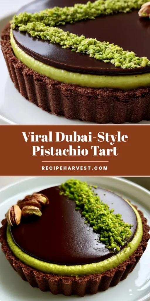 Chocolate Pistachio Tart with a Dark Cocoa Crust 4 A handheld smartphone photo of a gourmet Chocolate Pistachio Tart with a dark cocoa shell, vibrant green filling, and glossy ganache garnish.