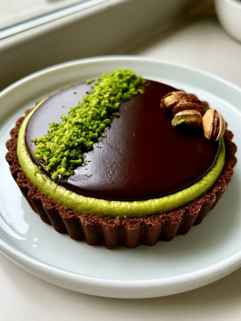 Chocolate Pistachio Tart with a Dark Cocoa Crust 2 Overhead view of a Chocolate Pistachio Tart on a white plate showing the precise line of crushed pistachios.