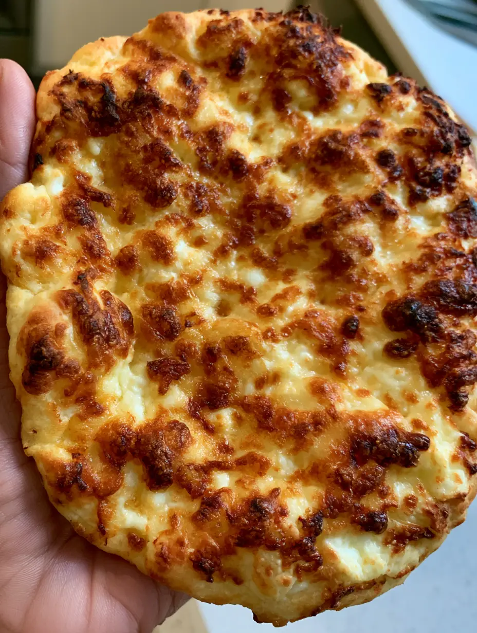Close up of a single Cottage Cheese Flatbread held in a hand, showing the soft pliable texture and golden charred surface.