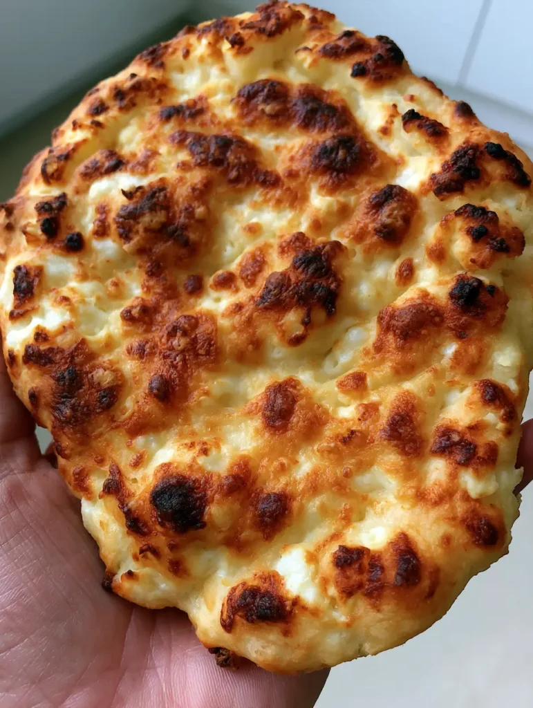 A rustic round Cottage Cheese Flatbread with irregular edges and melted white specks of cheese throughout the dough.