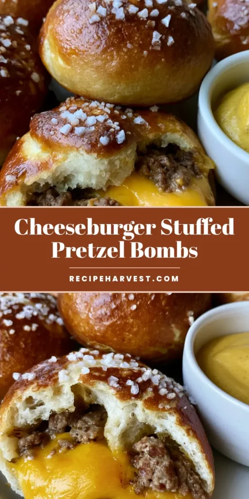 A close up shot of a Cheeseburger Pretzel Bomb torn open to reveal melted yellow cheddar cheese and seasoned ground beef filling with a glossy salted crust.