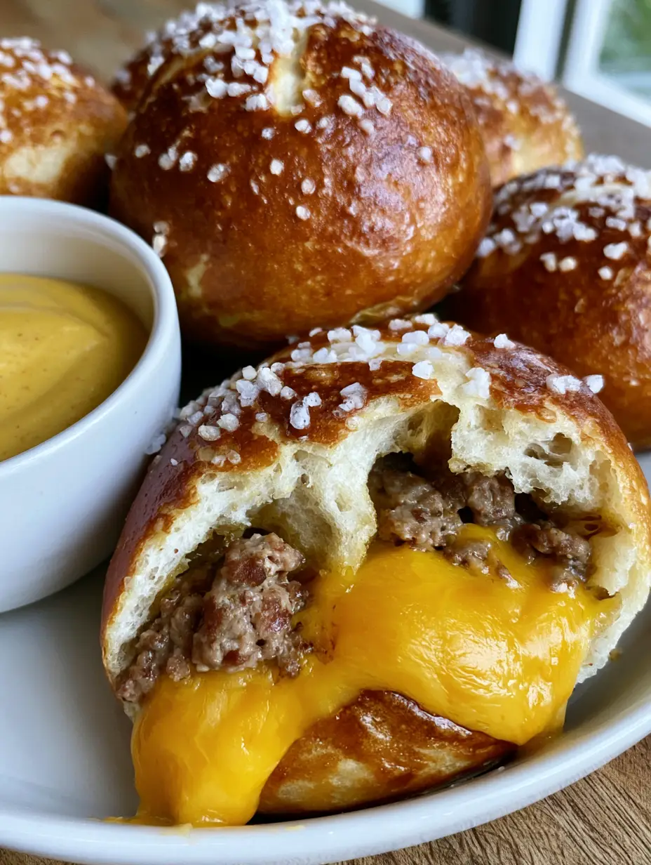 A handheld smartphone photo of a plate of golden-brown Cheeseburger Pretzel Bombs sprinkled with coarse sea salt on a wooden surface.
