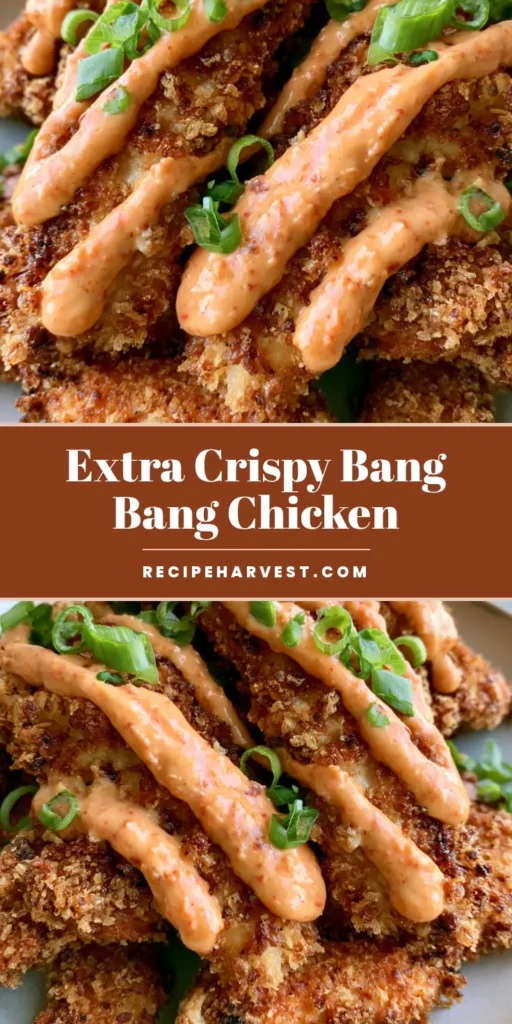 Bang Bang Chicken: The Crispiest Golden-Fried Panko Tenders 3 A close-up of crispy Bang Bang Chicken tenderloins piled on a plate with a thick orange sauce drizzle and green onions.
