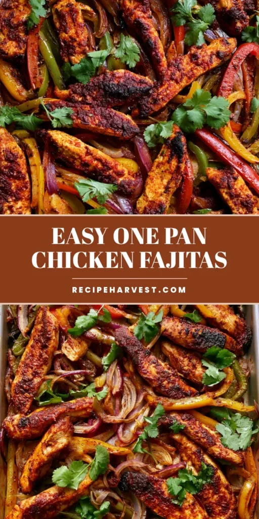 Sheet Pan Chicken Fajitas: The Ultimate 30-Minute Sizzling Dinner 3 A sizzling metallic baking sheet of Sheet Pan Chicken Fajitas with charred seasoned chicken strips, blistered red, green, and yellow peppers, and caramelized onions garnished with cilantro and lime.