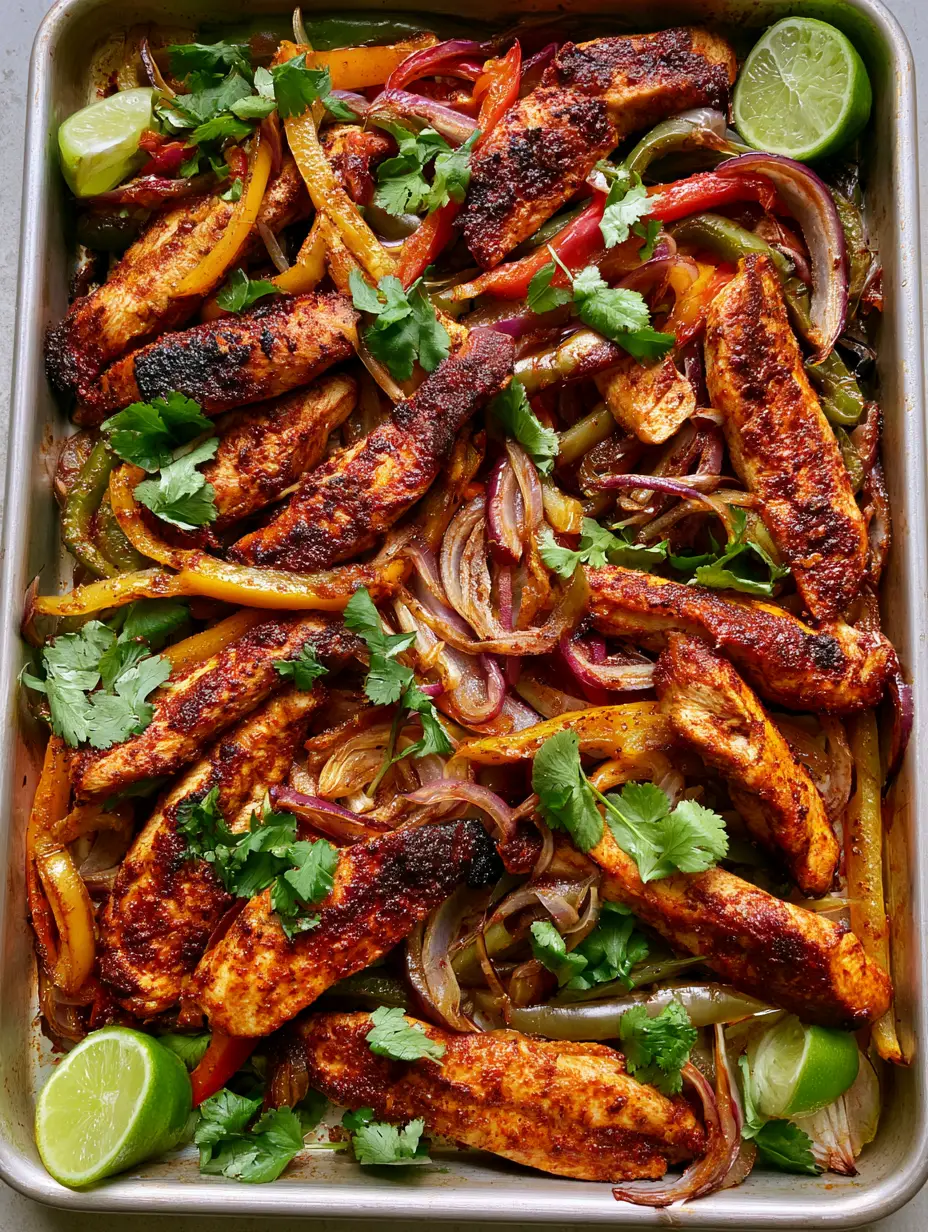Sheet Pan Chicken Fajitas: The Ultimate 30-Minute Sizzling Dinner 4 Top-down view of heavily seasoned chicken fajitas on a metallic tray with charred edges and roasted peppers. (Sheet Pan Chicken Fajitas)