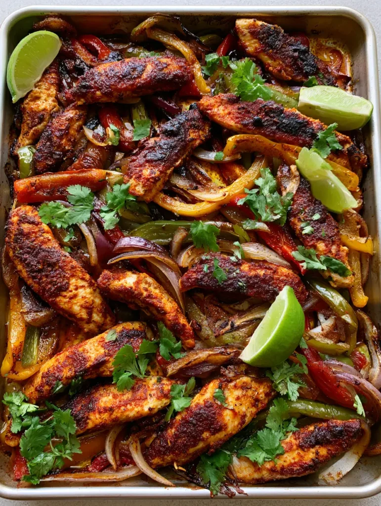 Sheet Pan Chicken Fajitas: The Ultimate 30-Minute Sizzling Dinner 1 A tray of Sheet Pan Chicken Fajitas showing softened yellow, red, and green bell peppers with caramelized red onions and fresh cilantro.