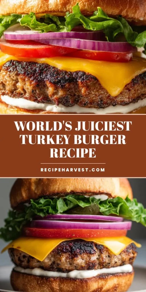Ground Turkey Burger Recipe: The Juiciest Seared Turkey Burgers 4 A tall, handheld turkey burger with a seared patty, melted yellow cheddar cheese, and fresh red onions on a toasted brioche bun. (Ground Turkey Burger Recipe)