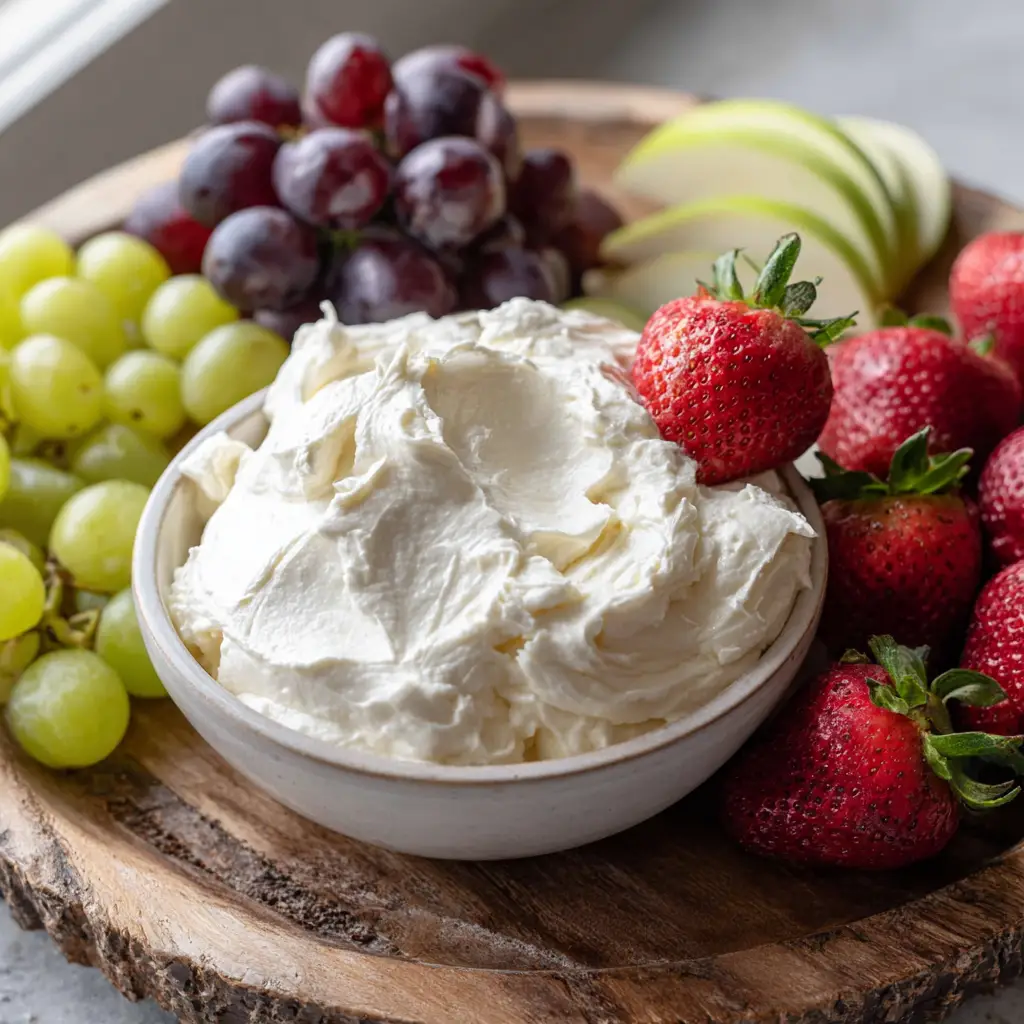 Marshmallow Cream Cheese Fruit Dip: The Ultimate 3-Ingredient Fluffy Recipe 2 Top-down view of Marshmallow Cream Cheese Fruit Dip in a ceramic bowl with sliced green apples and purple grapes.