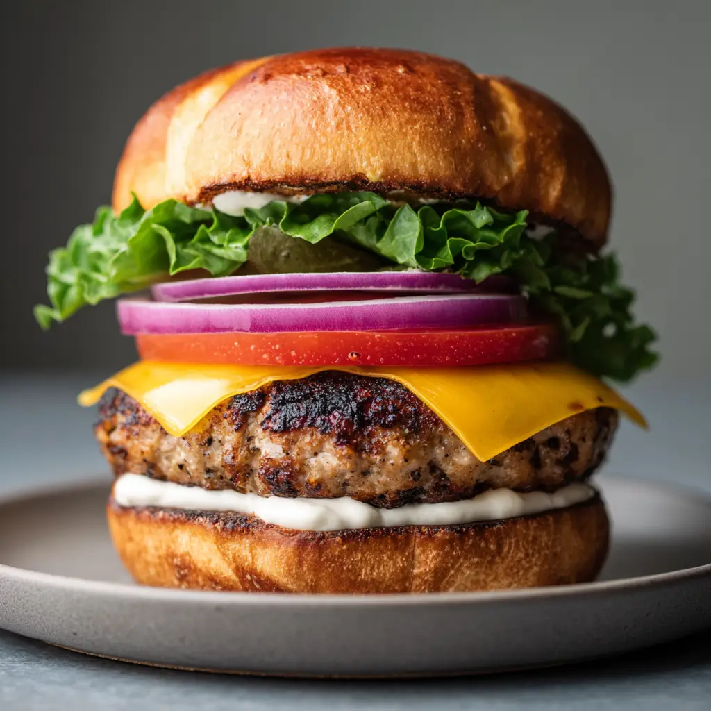 Ground Turkey Burger Recipe: The Juiciest Seared Turkey Burgers 1 A tall turkey burger assembly on a neutral matte grey ceramic plate in natural daylight.