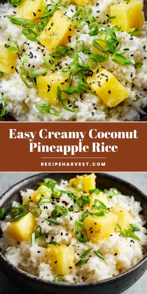 Coconut Pineapple Rice: The Ultimate Creamy and Glistening Tropical Side Dish 4 A top-down view of glistening Coconut Pineapple Rice in a dark bowl, garnished with green scallions and black sesame seeds.