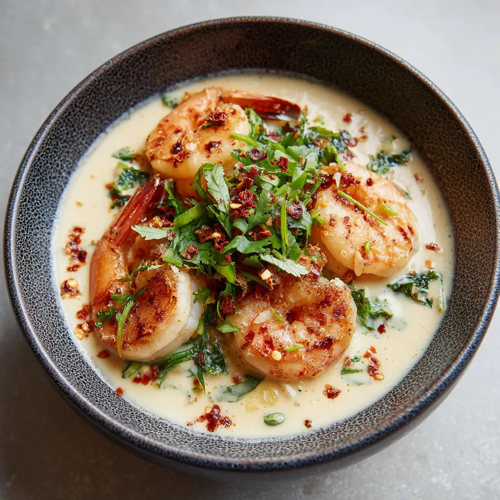 Creamy Coconut Garlic Shrimp: A 20-Minute Gourmet Dinner Recipe 2 Close-up of succulent seared shrimp nested in a velvety coconut milk sauce with visible garlic bits and green cilantro garnish.