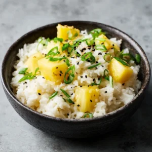 Close-up of Coconut Pineapple Rice showing the thick coconut milk glaze and square-cut pineapple chunks.
