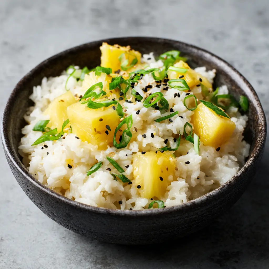 Coconut Pineapple Rice: The Ultimate Creamy and Glistening Tropical Side Dish 1 High-angle shot of Coconut Pineapple Rice in a charcoal ceramic bowl on a grey textured surface.
