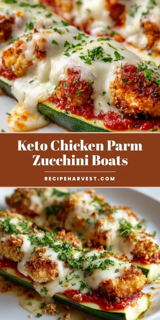 Keto Chicken Parmesan Zucchini Boats: The Ultimate Low-Carb Comfort Food 4 A long green zucchini boat roasted until tender, filled with thick red tomato marinara sauce, crispy golden-brown breaded chicken pieces, and melted white mozzarella cheese with toasted brown spots. (Keto Chicken Parmesan Zucchini Boats)