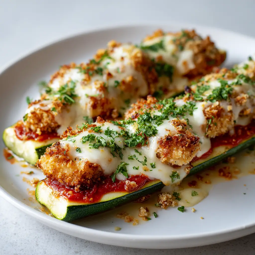 Keto Chicken Parmesan Zucchini Boats: The Ultimate Low-Carb Comfort Food 2 Close-up of a zucchini boat loaded with golden-brown chicken chunks and melted mozzarella cheese. (Keto Chicken Parmesan Zucchini Boats)