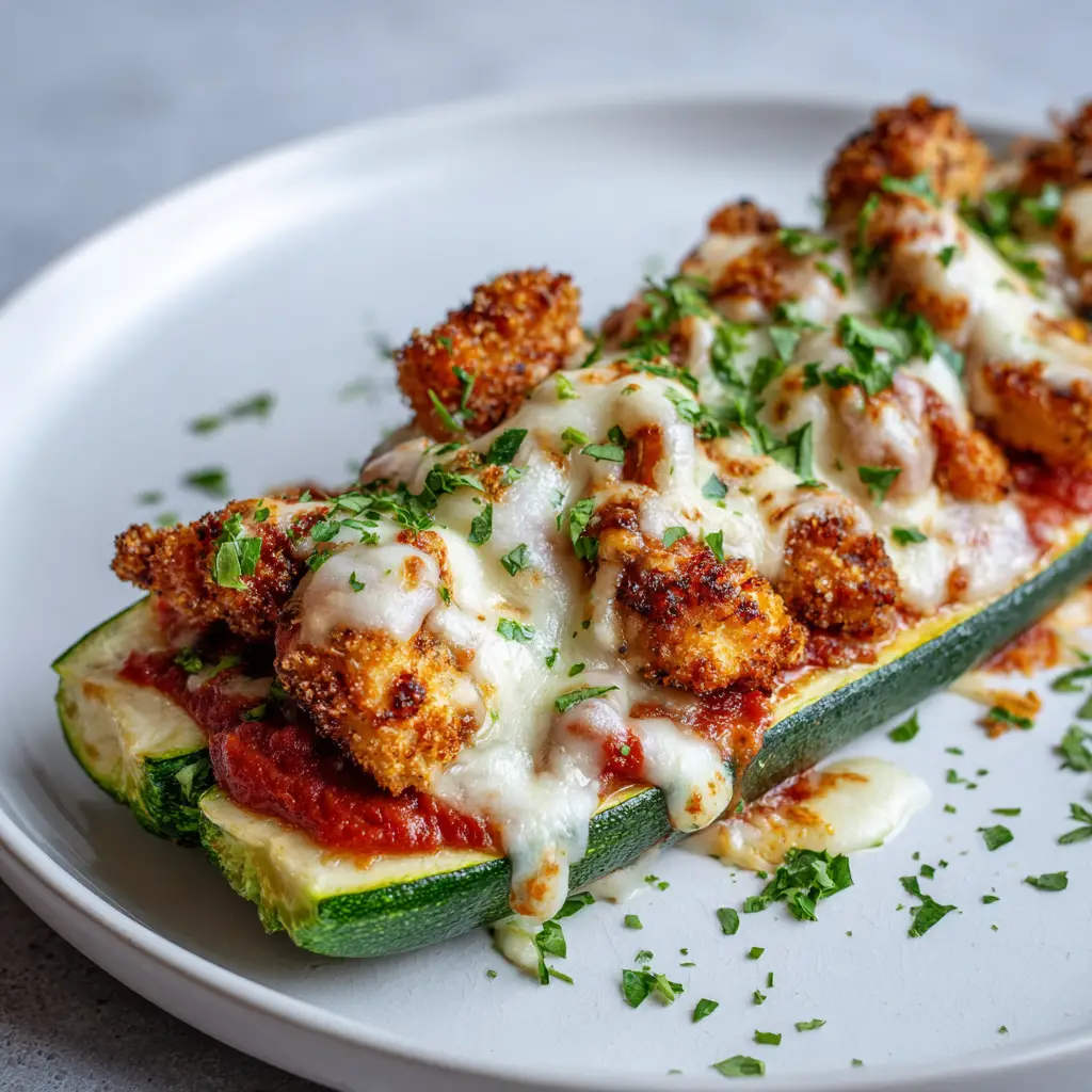 Keto Chicken Parmesan Zucchini Boats: The Ultimate Low-Carb Comfort Food 1 Top-down view of roasted green zucchini boats topped with marinara, crispy chicken, and fresh parsley garnish. (Keto Chicken Parmesan Zucchini Boats)