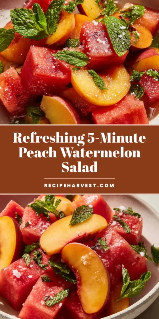 A tall Pinterest pin image showing a Peach Watermelon Salad in a rustic bowl with lime glaze and mint. (Peach Watermelon Salad)
