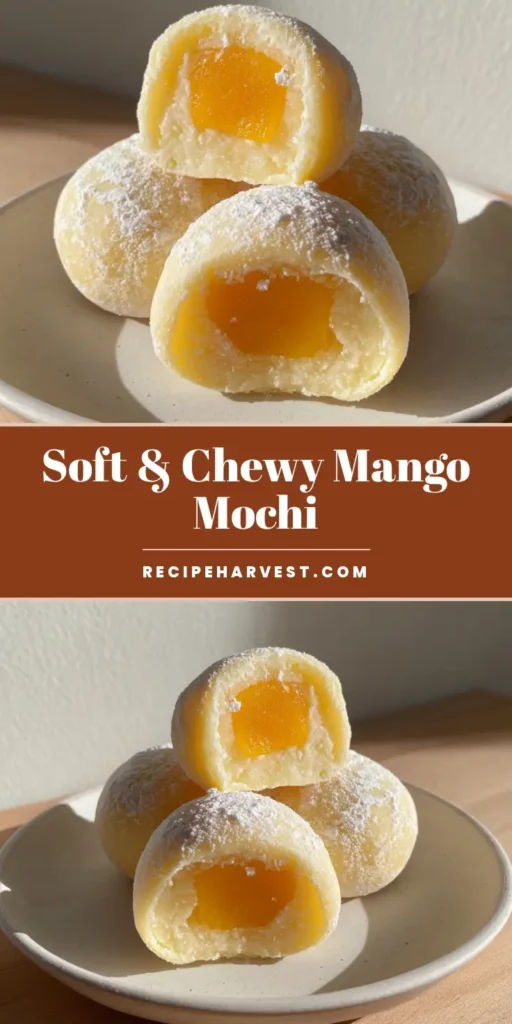 Mango Mochi: The Ultimate Soft and Chewy Tropical Dessert Recipe 4 A minimalist white plate holding three round Mango Mochi balls dusted with cornstarch, one sliced to show a fresh mango center.