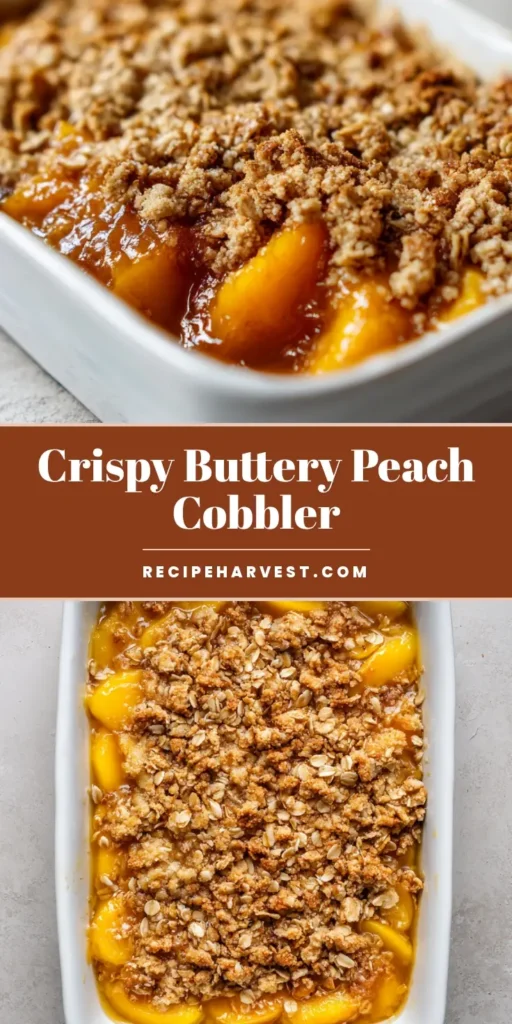 A vertical photo of Peach Cobbler with Oatmeal Crumble in a white ceramic dish, featuring bubbling amber syrup and golden toasted oats.