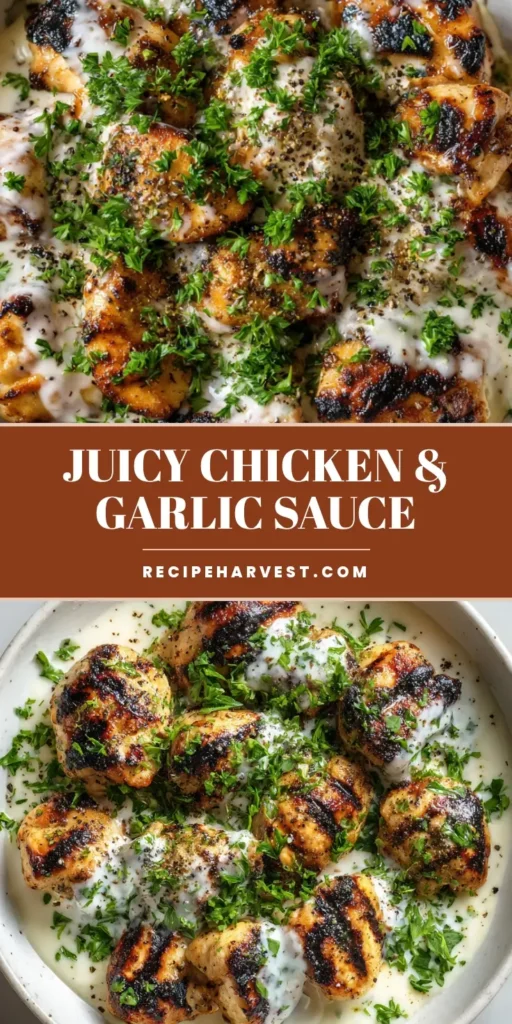 Grilled Chicken Bites with Thick Garlic Cream Sauce 4 A handheld smartphone photo of golden-brown Grilled Chicken Bites with dark charred grill marks, drizzled with thick white garlic cream sauce and garnished with parsley in a white bowl.