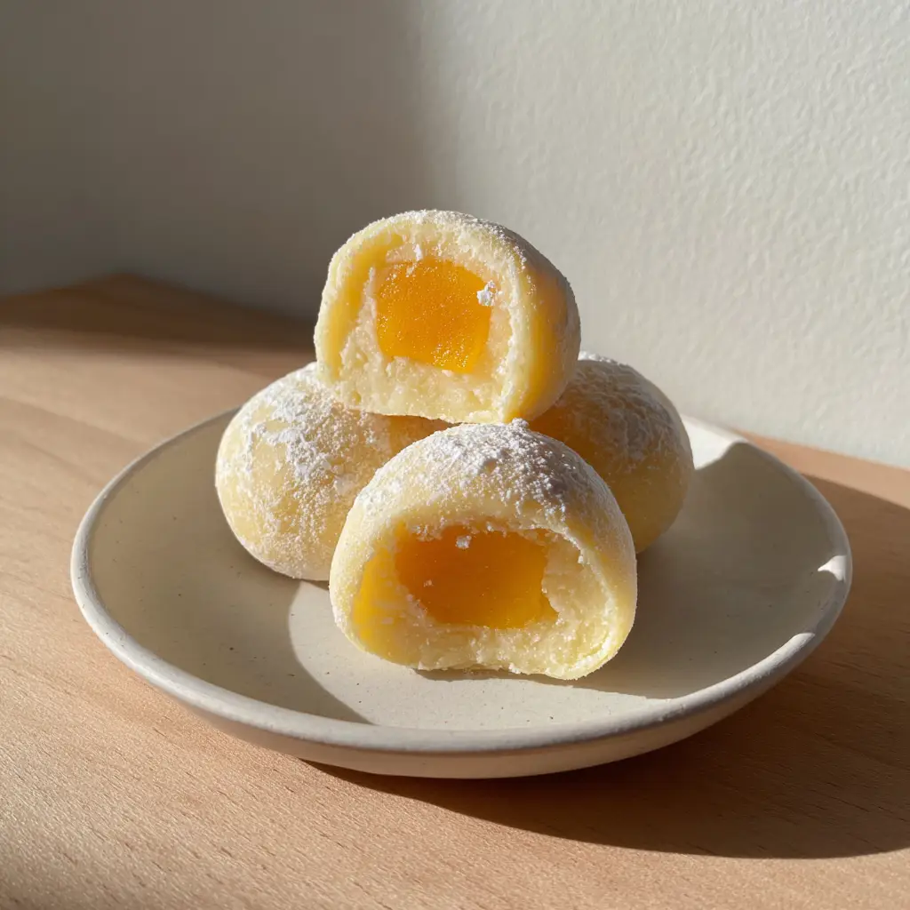 A handheld photo of three pale yellow Mango Mochi balls on a white ceramic plate, featuring a cross-section of ripe mango filling.