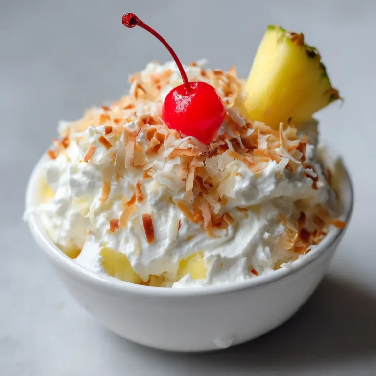 Close-up handheld photo of Hawaiian Pineapple Coconut Fluff showing the thick white whipped cream and mini marshmallows.
