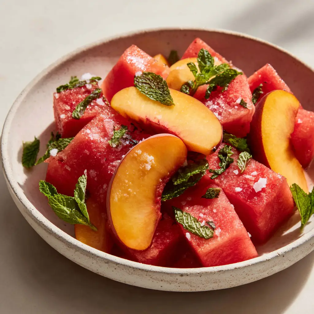 Close-up of red watermelon cubes and orange peach slices with mint in a white bowl. (Peach Watermelon Salad)