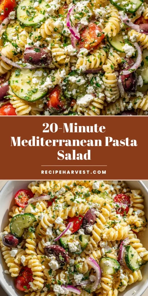 A vibrant bowl of Mediterranean Pasta Salad with rotini, cucumbers, tomatoes, and feta on a light wood surface. (Mediterranean Pasta Salad)