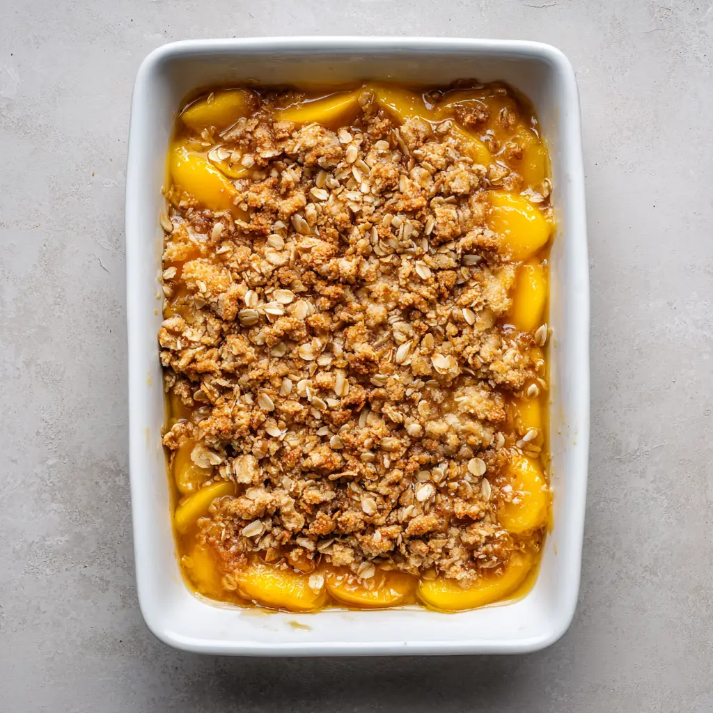 Overhead smartphone photo of Peach Cobbler with Oatmeal Crumble showing the crispy peaks and orange fruit juices.
