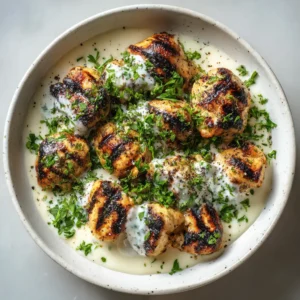 Close up shot of Grilled Chicken Bites showing glistening surfaces and coarse cracked black pepper over a thick white sauce.