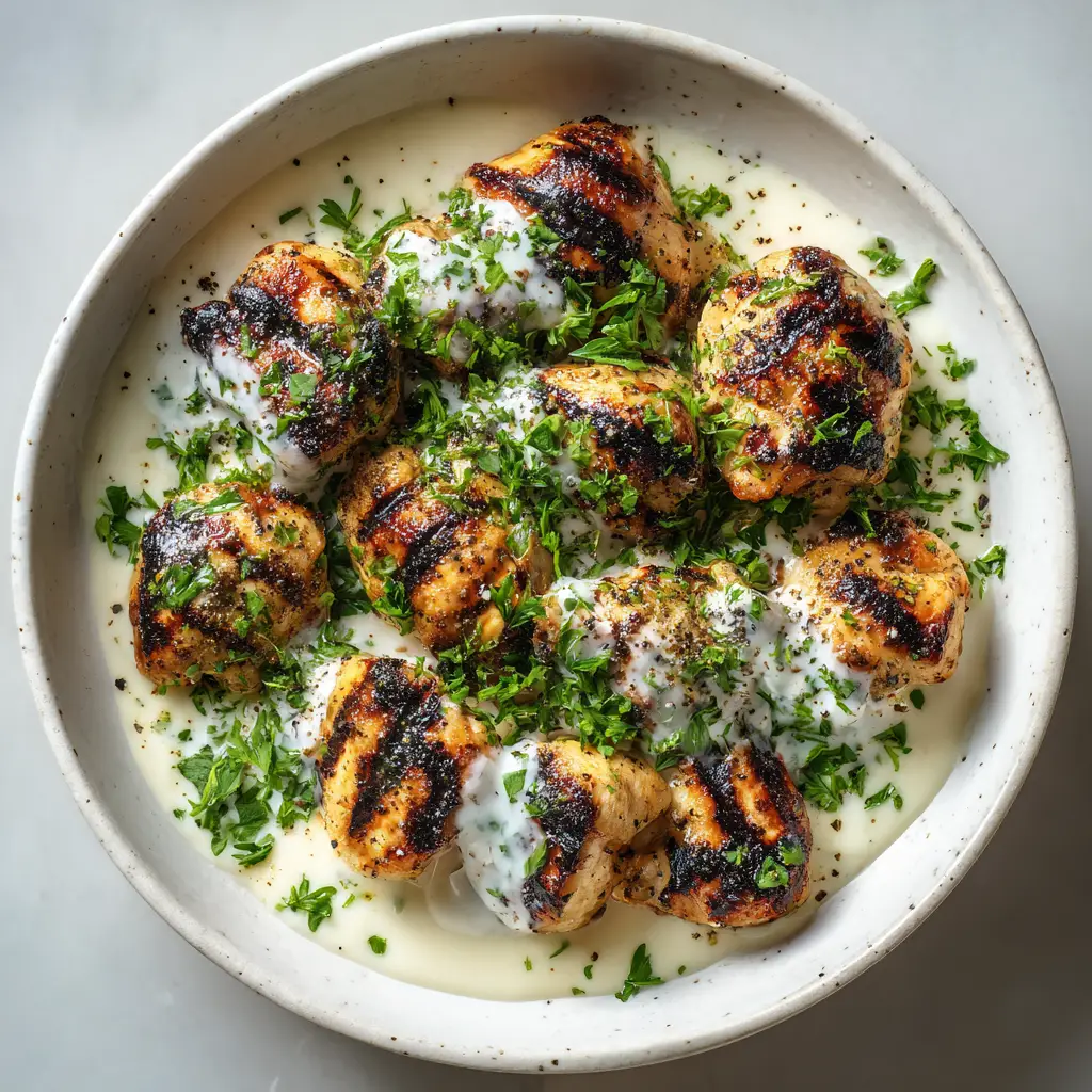 Close up shot of Grilled Chicken Bites showing glistening surfaces and coarse cracked black pepper over a thick white sauce.