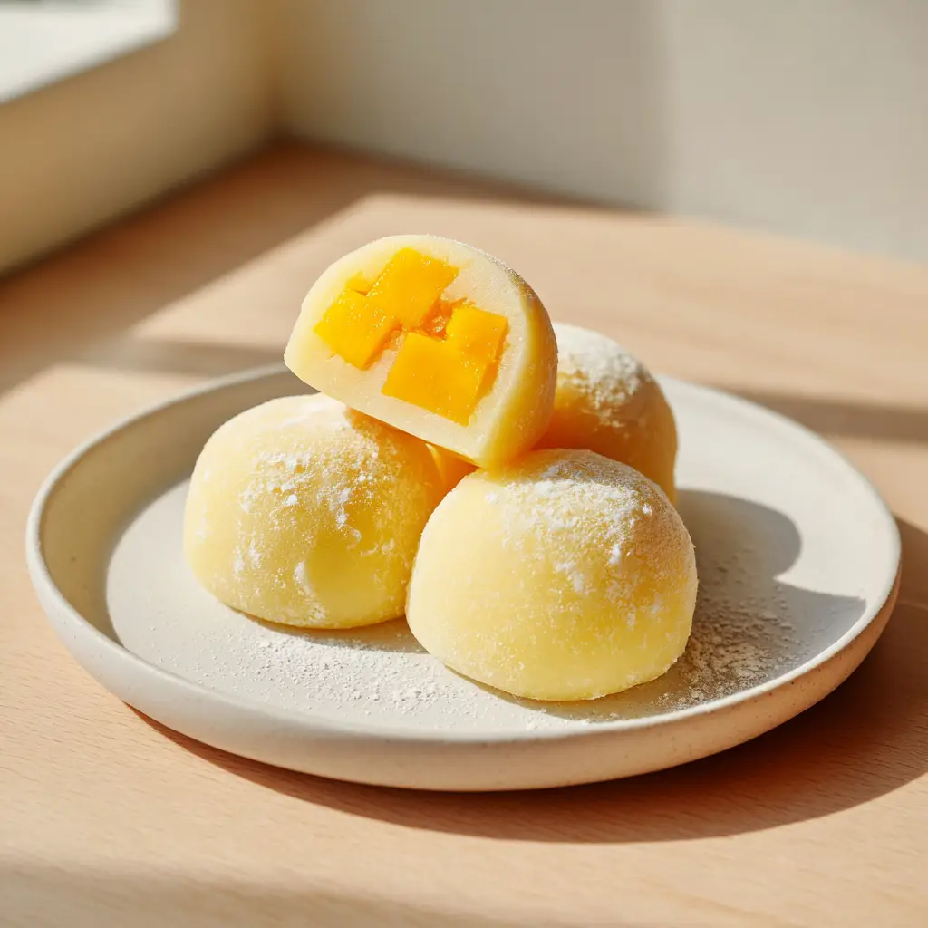 Mango Mochi: The Ultimate Soft and Chewy Tropical Dessert Recipe 1 Three soft homemade mango mochi dusted with white cornstarch sitting on a wooden table in natural light.