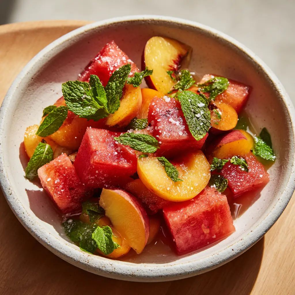 Overhead view of Peach Watermelon Salad with a glossy lime glaze on a wooden table.