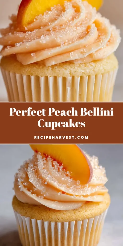 A close-up shot of Peach Bellini Cupcakes with tall peach frosting swirls, fresh peach slices, and sparkling sugar in white liners. (Peach Bellini Cupcakes)