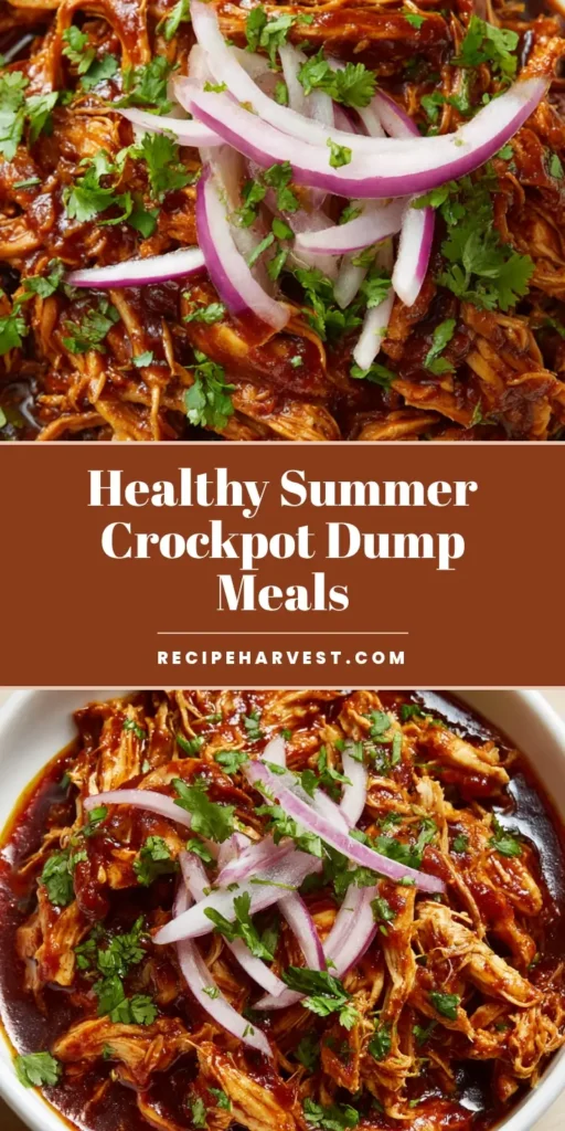 A tall Pinterest pin image showing a white bowl of shredded BBQ chicken topped with red onions and cilantro. (Healthy Summer Crockpot Recipes)