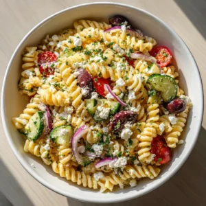 Top-down view of Mediterranean Pasta Salad in a white ceramic bowl featuring rotini, kalamata olives, and fresh herbs. (Mediterranean Pasta Salad)