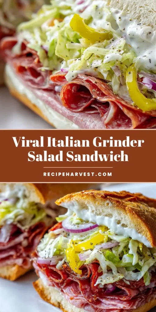 Italian Grinder Salad Sandwich: The Ultimate Viral TikTok Recipe 4 A towering Italian Grinder Salad Sandwich with melted provolone, salami, and overflowing creamy shredded lettuce salad on a white paper wrapper. (Italian Grinder Salad Sandwich)
