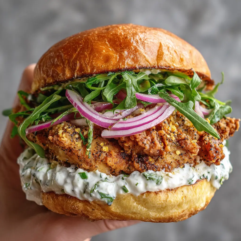 The Ultimate Lemon Pepper Chicken Sandwich with Creamy Herb Aioli 2 Handheld smartphone photo of a gourmet Lemon Pepper Chicken Sandwich with visible cracked black pepper and lemon zest.
