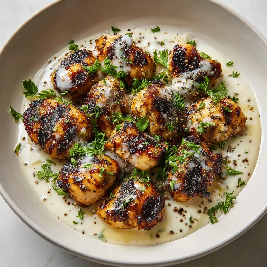 Grilled Chicken Bites with Thick Garlic Cream Sauce 1 A shallow ceramic dish filled with Grilled Chicken Bites, pooled garlic sauce, and a heavy dusting of fresh parsley.