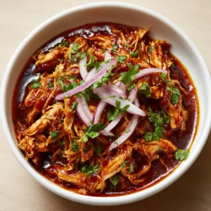 A close-up overhead shot of glossy shredded BBQ chicken in a white bowl with red onion slivers. (Healthy Summer Crockpot Recipes)